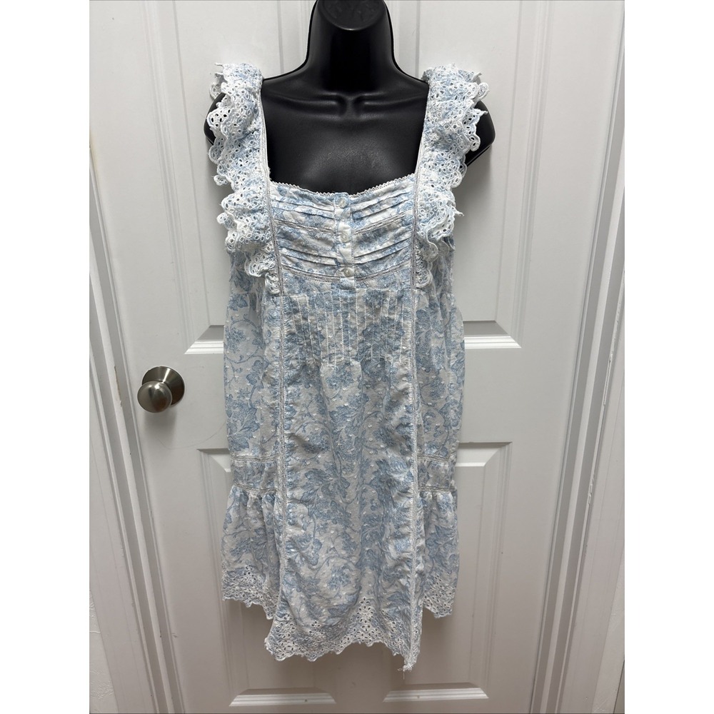 Rachel Ashwell Romantic Cottagecore Blue Toile Cotton Eyelet Minidress  - Medium
